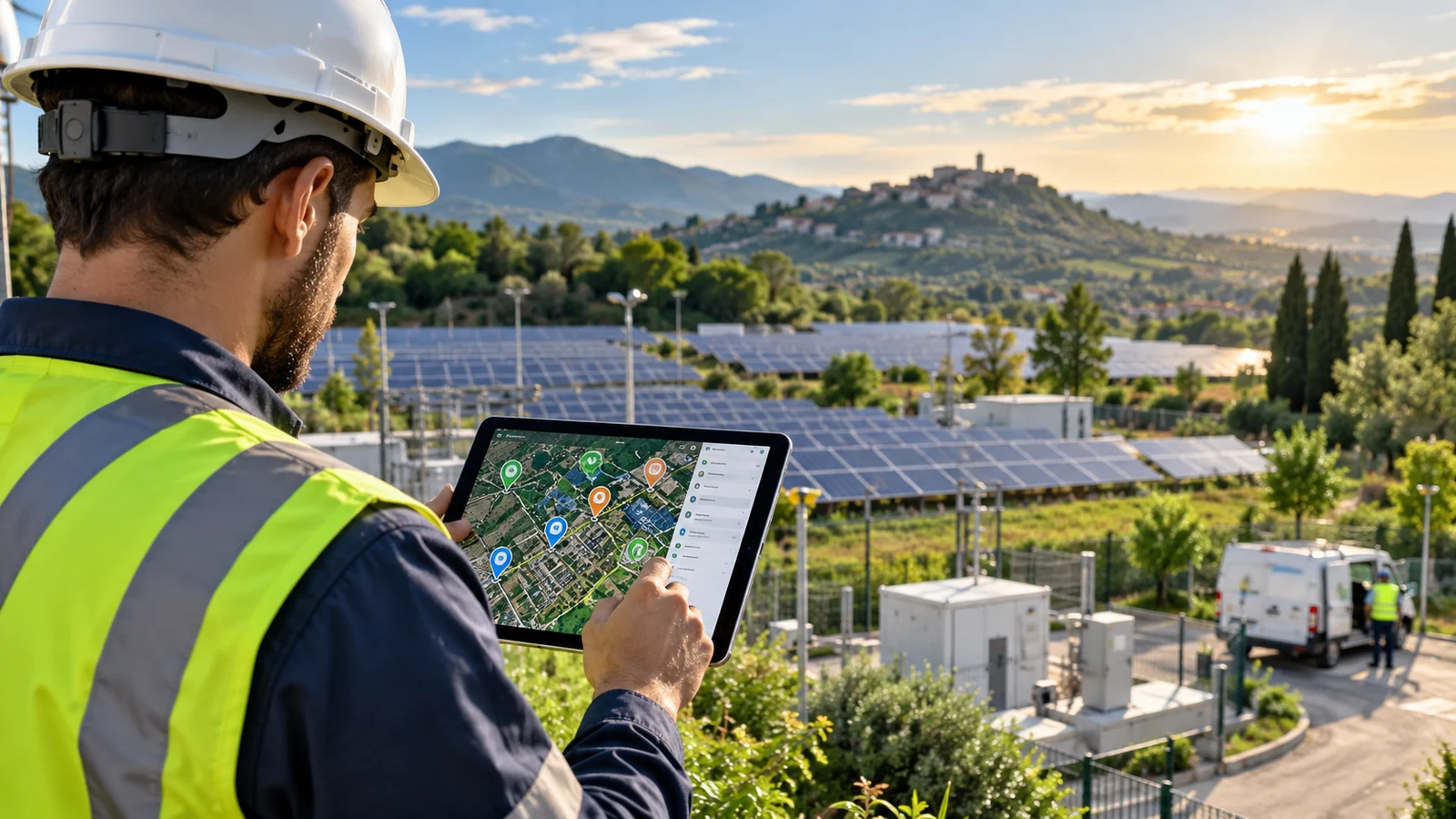 Tecnico che consulta una mappa digitale durante un'ispezione di un impianto fotovoltaico, immagine illustrativa